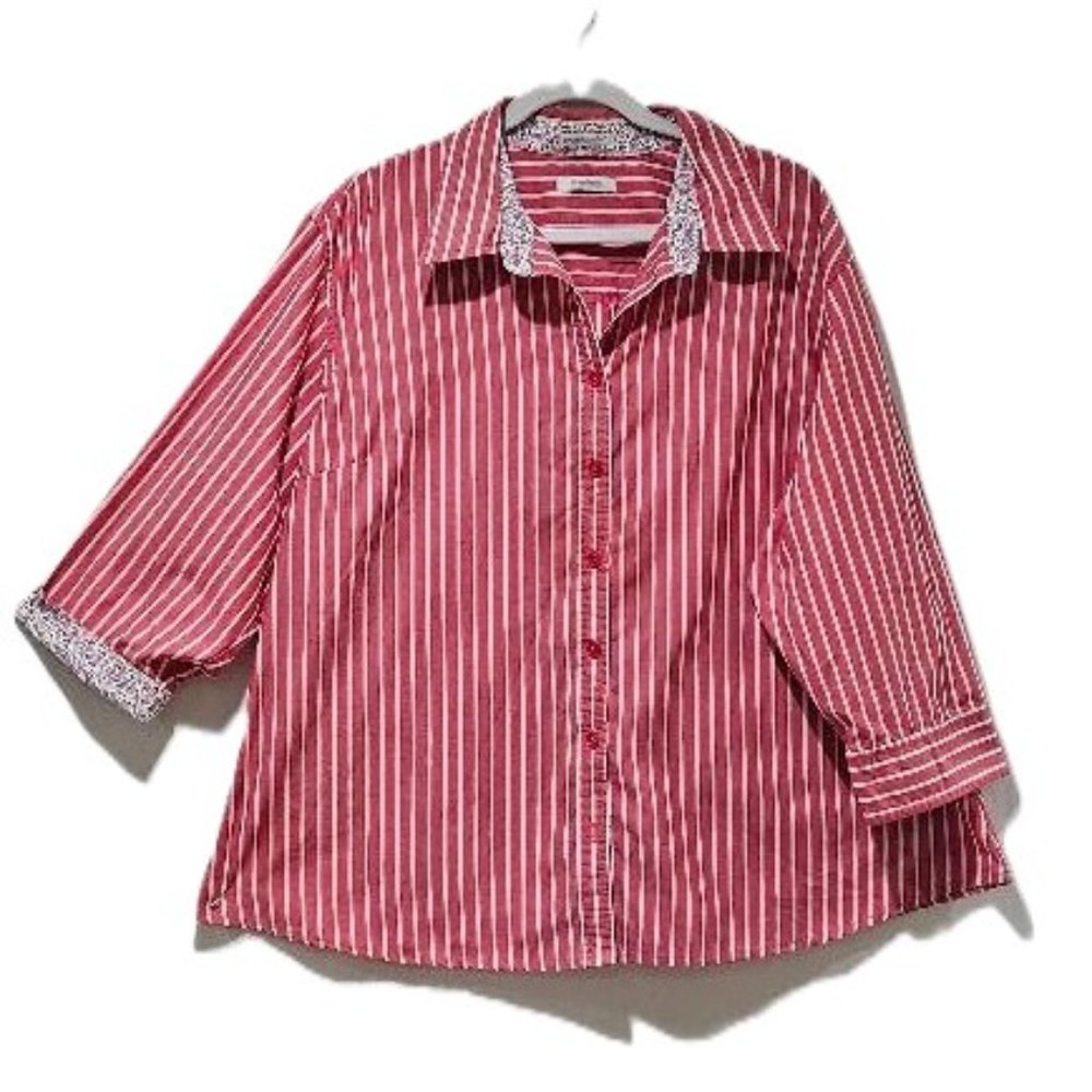 DRESS BARN RED WHITE STRIPE W CALICO TRIM COLLAR BUTTON DOWN SHIRT  3X